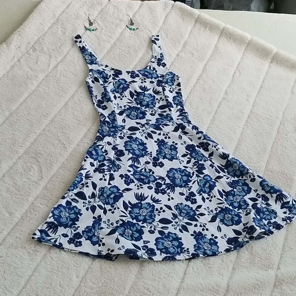 White and blue floral dress.